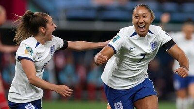 England's Lauren James, right, celebrates a first half goal with teammate England's Ella Toone during the Women's World Cup Group D match (AP) England's Lauren James, right, celebrates a first half goal with teammate England's Ella Toone during the Women's World Cup Group D match (AP)