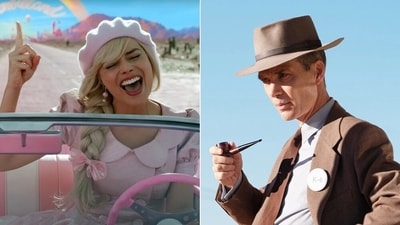 Margot Robbie in Barbie (left) and Cillian Murphy in a still from Oppenheimer.