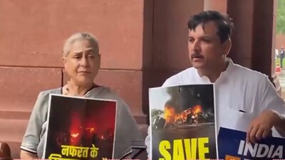 SP's Jaya Bachchan met AAP leader Sanjay Singh at the Parliament complex on Friday. (PTI) SP's Jaya Bachchan met AAP leader Sanjay Singh at the Parliament complex on Friday. (PTI)