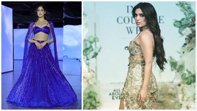 Actors Janhvi Kapoor and Bhumi Pednekar walked the ramp at the India Couture Week 2023 on Thursday. While Janhvi wore a shimmery blue lehenga, Bhumi was in a golden gown with a thigh-high slit. Actors Janhvi Kapoor and Bhumi Pednekar walked the ramp at the India Couture Week 2023 on Thursday. While Janhvi wore a shimmery blue lehenga, Bhumi was in a golden gown with a thigh-high slit. 