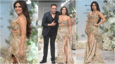 Bhumi Pedkenar walked as a showstopper in an exquisite blouse and thigh-high slit lehenga for Varun Bahl at ICW. (Instagram/@fdciofficial) Bhumi Pedkenar walked as a showstopper in an exquisite blouse and thigh-high slit lehenga for Varun Bahl at ICW. (Instagram/@fdciofficial)