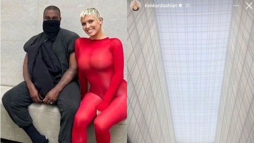 Kanye has been spending time in Japan with his new wife Bianca. (left). Kim Kardashian, shared a picture of the stunning ceiling in the lobby of her hotel. (right) (Instagram) Kanye has been spending time in Japan with his new wife Bianca. (left). Kim Kardashian, shared a picture of the stunning ceiling in the lobby of her hotel. (right) (Instagram)