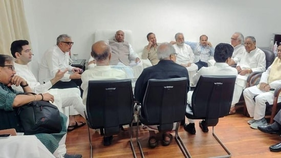 Congress President and Leader of Opposition in Rajya Sabha Mallikarjun Kharge, along with others during a meeting , in New Delhi (ANI)