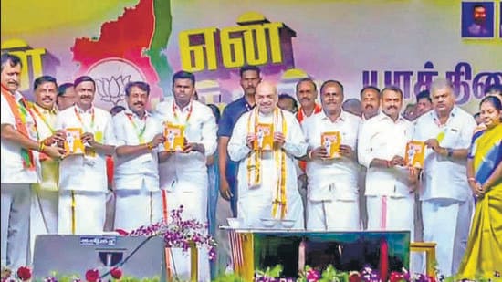 Union home minister Amit Shah at the launch of Bharatiya Janata Party ‘s Tamil Nadu president K Annamalai’s padayatra, in Rameshwaram on Friday. (PTI)