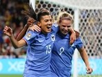 France's Eugenie Le Sommer, right, is congratulated by teammate Kenza Dali after scoring their first goal during the Women's World Cup Group F soccer match against Brazil France's Eugenie Le Sommer, right, is congratulated by teammate Kenza Dali after scoring their first goal during the Women's World Cup Group F soccer match against Brazil
