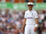 England's Stuart Broad reacts