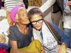 TMC MP Sushmita Dev visits a relief camp for people affected by the ethnic violence in Manipur, in Churachandpur district, Saturday.