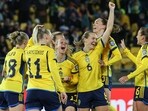 Sweden's defender #13 Amanda Ilestedt (C) celebrates Sweden's defender #13 Amanda Ilestedt (C) celebrates