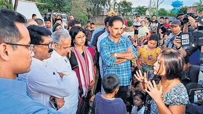 A delegation of 21 lawmakers from the Indian National Developmental Inclusive Alliance (INDIA) on Saturday visited relief camps in Manipur housing displaced people. (PTI) A delegation of 21 lawmakers from the Indian National Developmental Inclusive Alliance (INDIA) on Saturday visited relief camps in Manipur housing displaced people. (PTI)