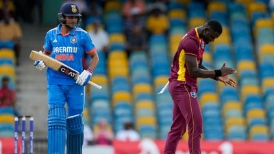 Jayden Seales gestures after Shubman Gill hit a four in his ball during the second ODI (AP) Jayden Seales gestures after Shubman Gill hit a four in his ball during the second ODI (AP)