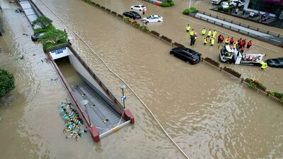 An aerial view shows flooding in Fuzhou after Typhoon Doksuri made landfall and brought heavy rainfall, in Fujian province, China. (via REUTERS)