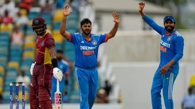Shardul Thakur unsuccessfully appeals for the wicket of Shai Hope during the second ODI (AP) Shardul Thakur unsuccessfully appeals for the wicket of Shai Hope during the second ODI (AP)