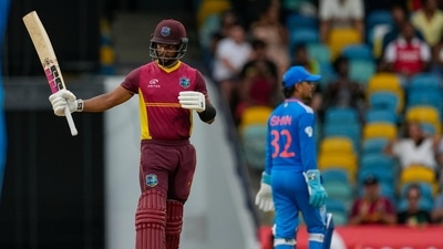 West Indies captain Shai Hope celebrates after scoring half a century (AP)