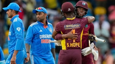 Keacy Carty and Shai Hope embrace after defeating India by six wickets in the second ODI (AP) Keacy Carty and Shai Hope embrace after defeating India by six wickets in the second ODI (AP)