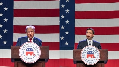 Former President Donald Trump and Florida Governor and 2024 Republican Presidential hopeful Ron DeSantis speak at the Republican Party of Iowa's 2023 Lincoln Dinner at the Iowa Events Center in Des Moines, (AFP) Former President Donald Trump and Florida Governor and 2024 Republican Presidential hopeful Ron DeSantis speak at the Republican Party of Iowa's 2023 Lincoln Dinner at the Iowa Events Center in Des Moines, (AFP)