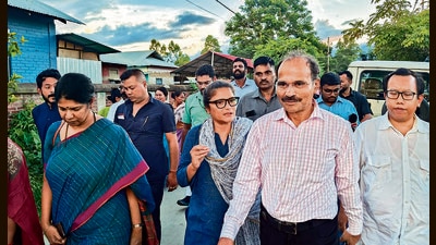 Opposition MPs in Bishnupur district on Saturday. (PTI) Opposition MPs in Bishnupur district on Saturday. (PTI)