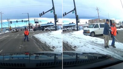 The image shows a driver helping a visually impaired man. (Reddit/@zebraowl) The image shows a driver helping a visually impaired man. (Reddit/@zebraowl)