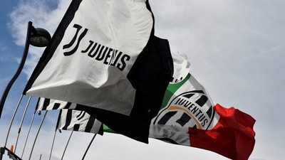 General view of Juventus flags seen outside the stadium before the match (REUTERS)