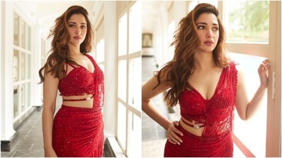 Tamannaah Bhatia feels her glamorous best in a pre-draped Falguni Shane Peacock saree. (Instagram) Tamannaah Bhatia feels her glamorous best in a pre-draped Falguni Shane Peacock saree. (Instagram)