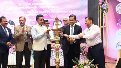 The MoU was signed in presence of Goa chief minister Pramod Sawant, health minister Vishwajit Rane and director of Tata Memorial Centre Dr Rajendra Bhadwe, Dr Shripad Banavli and others (Twitter/@visrane) The MoU was signed in presence of Goa chief minister Pramod Sawant, health minister Vishwajit Rane and director of Tata Memorial Centre Dr Rajendra Bhadwe, Dr Shripad Banavli and others (Twitter/@visrane)