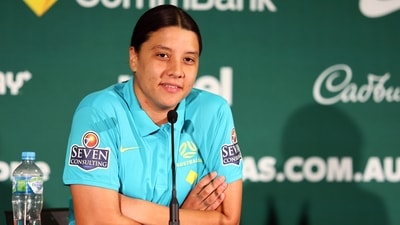 Australia's Women's World Cup captain Sam Kerr reacts during a press conference in Brisbane, Australia, Saturday (AP) Australia's Women's World Cup captain Sam Kerr reacts during a press conference in Brisbane, Australia, Saturday (AP)