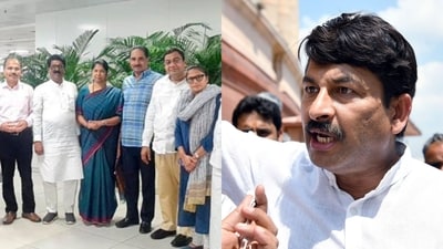 A delegation of I.N.D.I.A parties MPs prior to leaving for violence-hit Manipur, at airport in Delhi and BJP's Manoj Tiwari (R) (Agencies) A delegation of I.N.D.I.A parties MPs prior to leaving for violence-hit Manipur, at airport in Delhi and BJP's Manoj Tiwari (R) (Agencies)