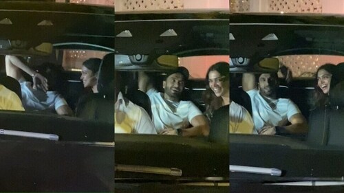 Deepika and Ranveer were seen leaving Karan's home in their car. Deepika and Ranveer were seen leaving Karan's home in their car.