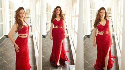 Tamannaah Bhatia wears a Falguni Shane Peacock saree. (Instagram) Tamannaah Bhatia wears a Falguni Shane Peacock saree. (Instagram)