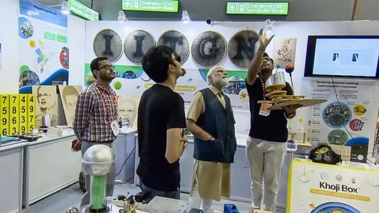 Prime Minister Narendra Modi on Saturday will inaugurate the Akhil Bhartiya Shiksha Samagam 2023. The ‘Samagam’ coincides with the third anniversary of the National Education Policy, NEP 2020. Ahead of the inauguration, PM Modi visited an exhibition held to mark the three years of the launch of the new NEP.&nbsp;(PTI)