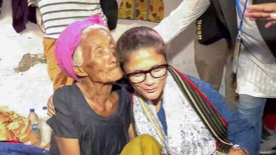 TMC MP Sushmita Dev visits a relief camp for people affected by the ethnic violence in Manipur, in Churachandpur district, Saturday. (PTI)