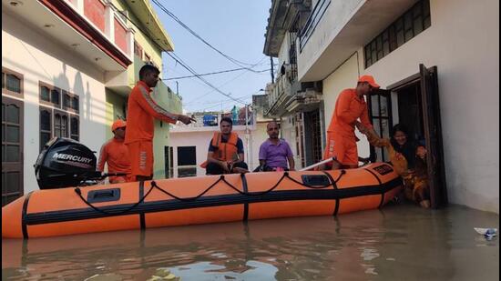 Rescue operations in Haryana during the July 8 floods caused by incessant rains. (HT File)