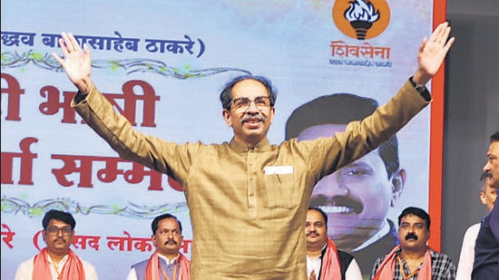 Thane, India - July, 29, 2023: ShivSena (Uddhav Balasaheb Thackeray) party chief Uddhav Thackeray addressed the audience at the Hindi-bhashik shivsainik (party workers)' meeting at Gadkari Rangayatan on Saturday , in Thane, in Mumbai, India, on,Saturday, July, 29, 2023. ( Praful Gangurde / HT Photo )