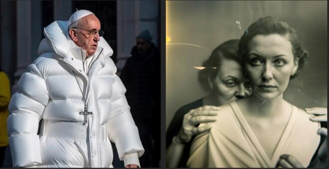 The two AI-generated images that made news in March. One fooled most viewers into thinking Pope Francis had stepped out in a puffy white coat; the other slipped past judges to win a global photo award. (Midjourney; Dall-E 2)