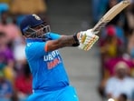 India's Suryakumar Yadav plays a shot from the bowling of West Indies' Jayden Seales during the second ODI cricket match at Kensington Oval in Bridgetown
