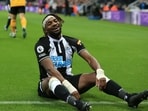 Newcastle United's French midfielder Allan Saint-Maximin reacts to a decision 
