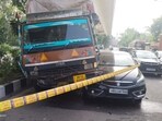 The truck hit the car from behind near Madipur Metro Station. The truck hit the car from behind near Madipur Metro Station.