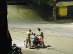 Screengrab of the video capturing two PRD jawans beating a disabled man in Deoria. 
