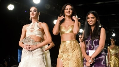 Rimzim Dadu’s show marked the sixth day of India Couture Week 2023. Ananya Panday on Sunday turned showstopper for the designer and walked the ramp disguised as a ‘golden bird.’ (ANI) Rimzim Dadu’s show marked the sixth day of India Couture Week 2023. Ananya Panday on Sunday turned showstopper for the designer and walked the ramp disguised as a ‘golden bird.’ (ANI)