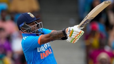 India's Suryakumar Yadav plays a shot from the bowling of West Indies' Jayden Seales during the second ODI cricket match at Kensington Oval in Bridgetown (AP) India's Suryakumar Yadav plays a shot from the bowling of West Indies' Jayden Seales during the second ODI cricket match at Kensington Oval in Bridgetown (AP)