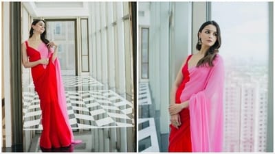 The next two feature Alia Bhatt in a dual-toned pink saree teamed with a red blouse.&nbsp; (Instagram/@manishmalhotra05)