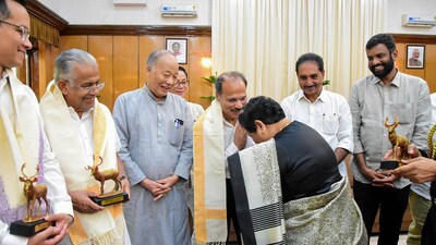 Congress MP Adhir Ranjan Chowdhury and other members of a delegation of opposition INDIA alliance MPs meet Manipur governor Anusuiya Uikey at Raj Bhavan in Imphal on Sunday, (PTI) Congress MP Adhir Ranjan Chowdhury and other members of a delegation of opposition INDIA alliance MPs meet Manipur governor Anusuiya Uikey at Raj Bhavan in Imphal on Sunday, (PTI)