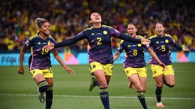 Manuela Vanegas celebrates scoring a goal. (AFP) Manuela Vanegas celebrates scoring a goal. (AFP)