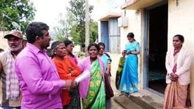 Villagers stop an anganwadi teacher from entering school. (HT PHOTO) Villagers stop an anganwadi teacher from entering school. (HT PHOTO)