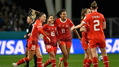Switzerland's players celebrate after the Women's World Cup Group A soccer match between New Zealand and Switzerland (AP) Switzerland's players celebrate after the Women's World Cup Group A soccer match between New Zealand and Switzerland (AP)
