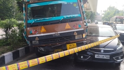 The truck hit the car from behind near Madipur Metro Station. (ANI) The truck hit the car from behind near Madipur Metro Station. (ANI)