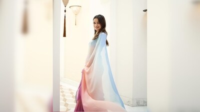 In the last image, Alia Bhatt looks like a dream in a pastel ombre sheer georgette saree.&nbsp; (Instagram/@manishmalhotra05)