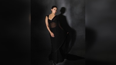 Alia Bhatt made some serious heads turn when she dropped a set of photos of herself in a chic black sheer saree.&nbsp; (Instagram/@manishmalhotra05)
