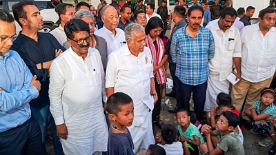 JD(U) MP Rajiv Ranjan Singh, JMM MP Mahua Maji, AAP MP Sushil Gupta, former Manipur chief minister Okram Ibobi Singh and other leaders of the INDIA alliance parties meet people affected by the ethnic violence in Manipur, at a relief camp in Imphal east district on Saturday, (PTI) JD(U) MP Rajiv Ranjan Singh, JMM MP Mahua Maji, AAP MP Sushil Gupta, former Manipur chief minister Okram Ibobi Singh and other leaders of the INDIA alliance parties meet people affected by the ethnic violence in Manipur, at a relief camp in Imphal east district on Saturday, (PTI)