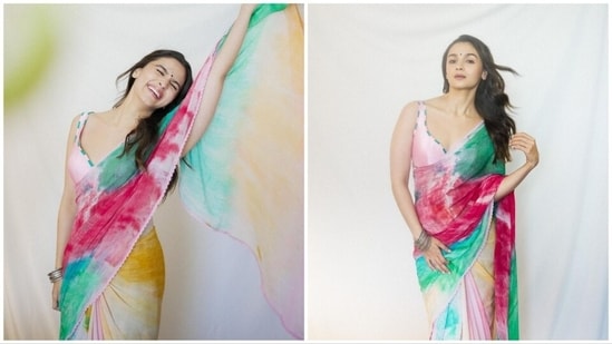 In the first two photos, Alia Bhatt can be seen posing like a queen in a tie-tye-inspired multi-coloured saree.&nbsp;(Instagram/@manishmalhotra05)