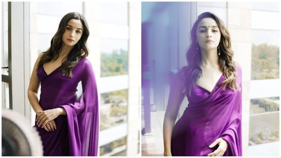 In another two, Alia Bhatt wore a deep-purple-toned solid saree which she paired with a sleeveless plunging neckline blouse.&nbsp;(Instagram/@manishmalhotra95)